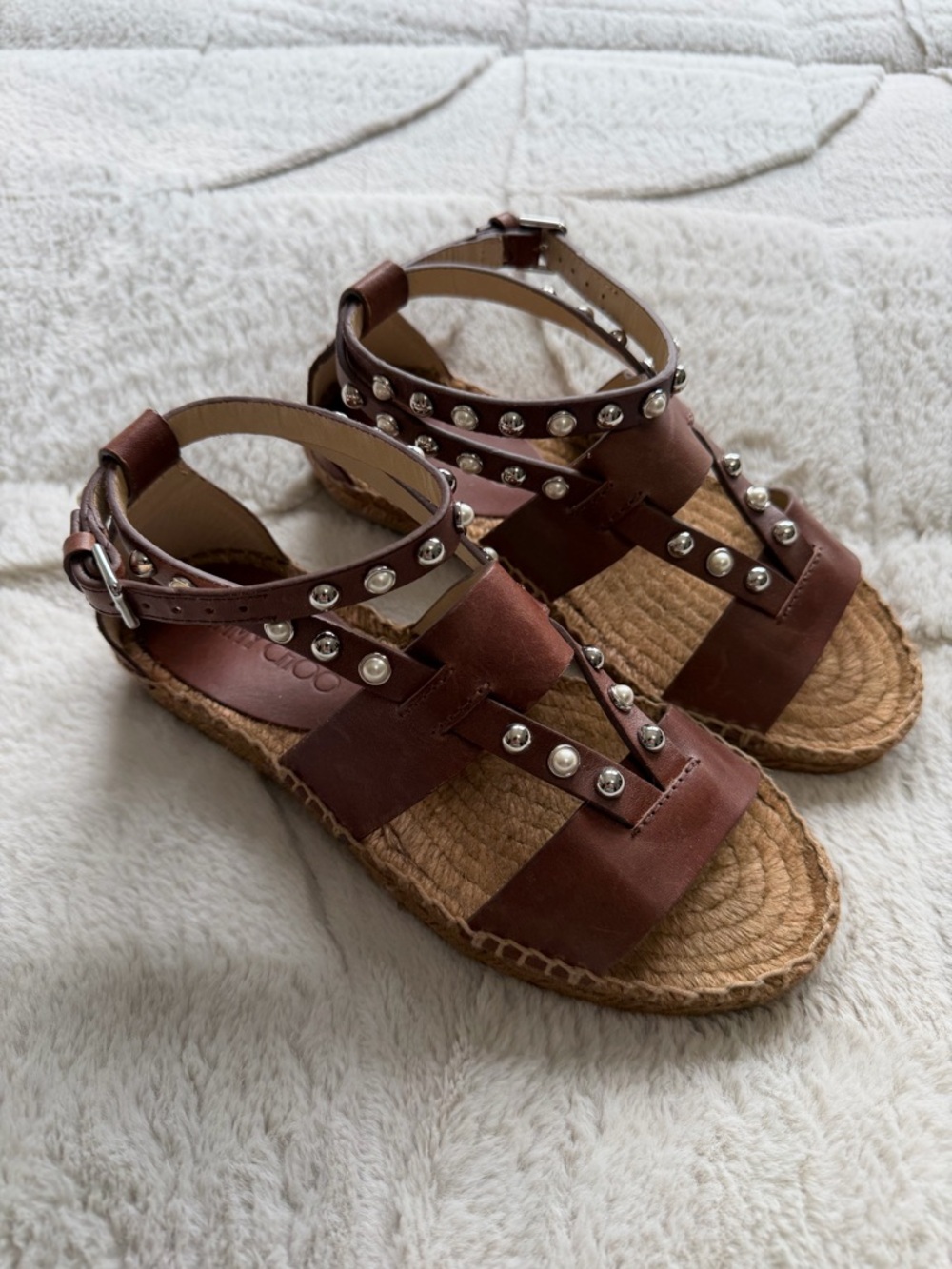 NEW! $625 Jimmy Choo Denise Brown Leather Strap Studded Espadrille Sandals 5.5